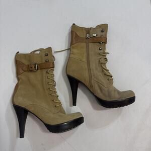 Guess Vintage Y2K Combat Leather Tan Suede Heels Platform Buckle Gorpcore Boots